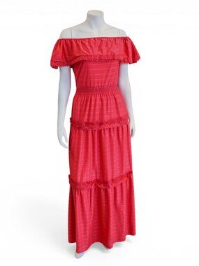 Vintage 1970s Candy Apple Red Off-Shoulder Maxi Dress with Lace Trim * Medium